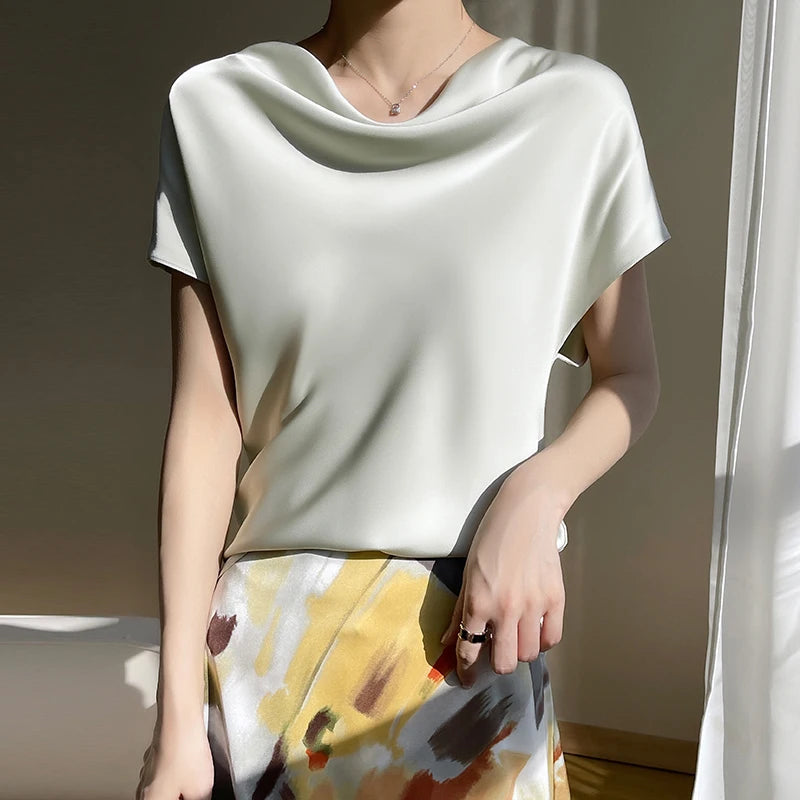 Silk Women's T-Shirts Summer Crew Neck