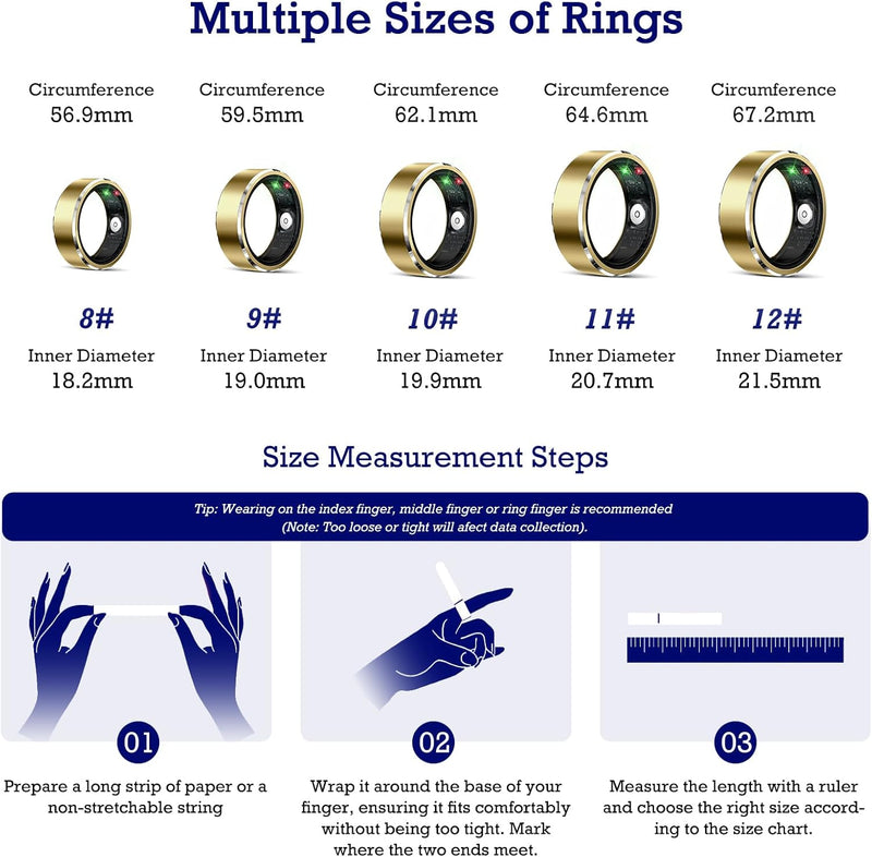 Smart Ring Health Tracker, Sleep Tracker Ring with Heart Rate, Waterproof Fitness Ring for Activity Monitoring/Steps/Distance/Calories,Air Gestures,Up to 7-Day Battery,For Ios Android (Light Gold,